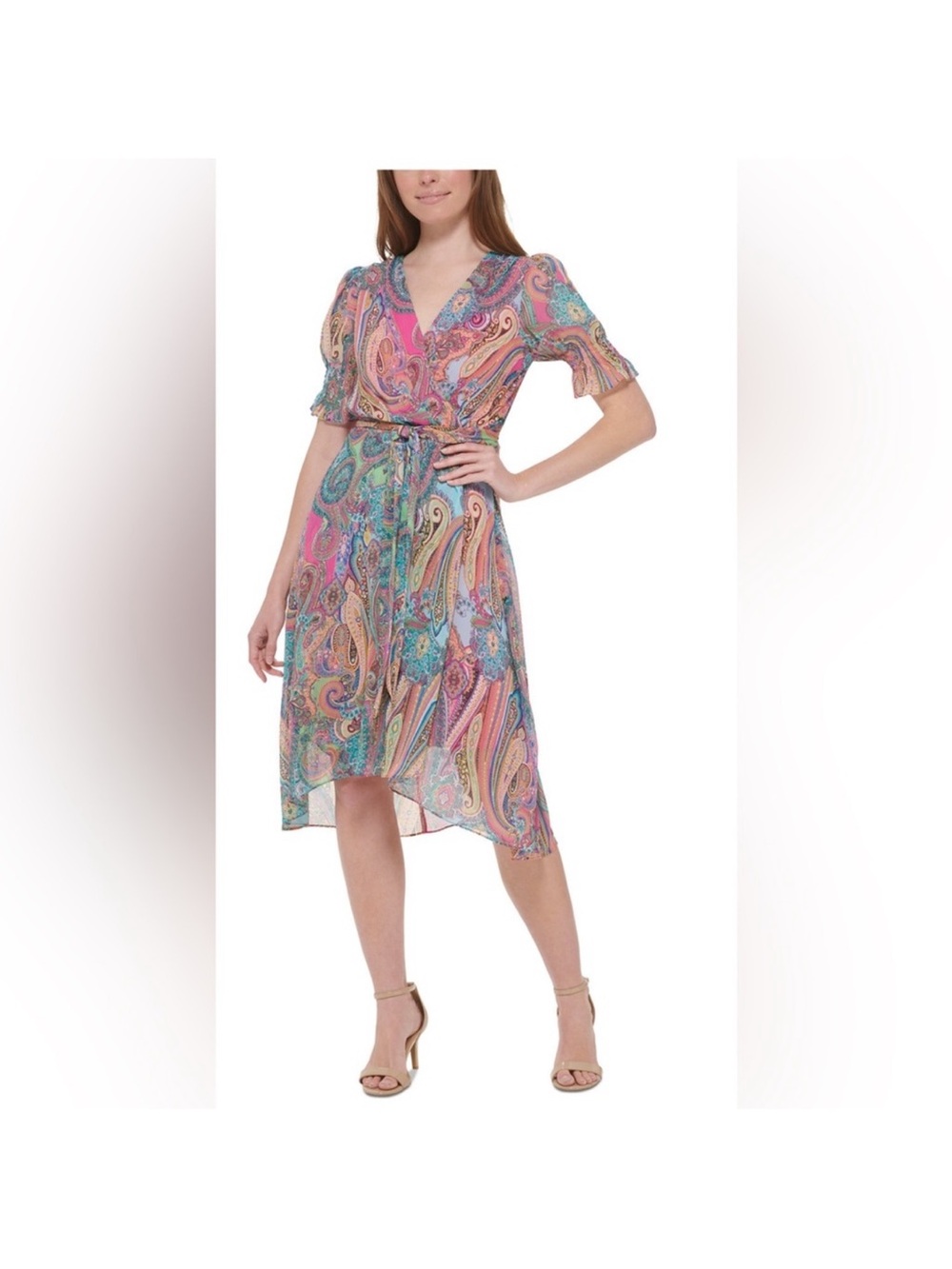 TOMMY HILFIGER Fit & Flare Dress 16 NWT Paisley Print Puff-Sleeve Surplice Neck